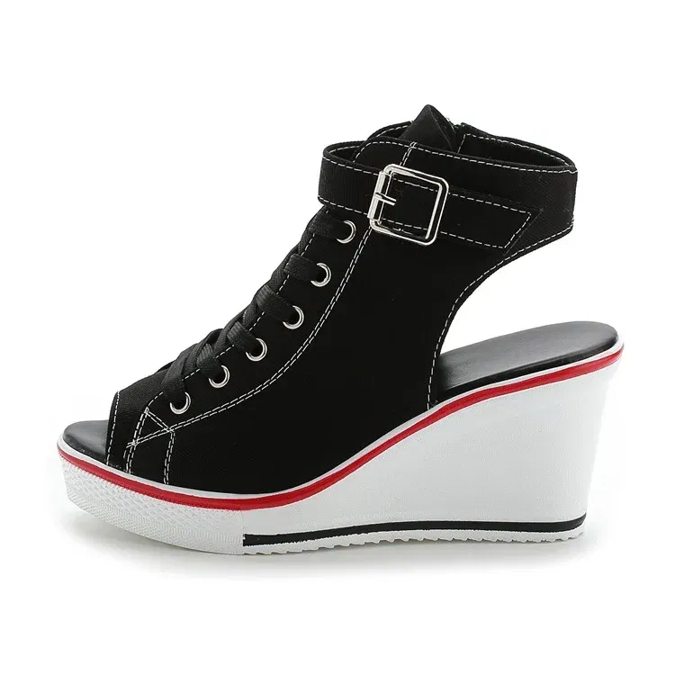 Color: black, Shoe Size: 39 - Spring Summer Women's Height Increasing Platform Canvas Fish Mouth Shoes Open Toe Hollow Canvas Wedge Shoes Zapatos Para Mujer
