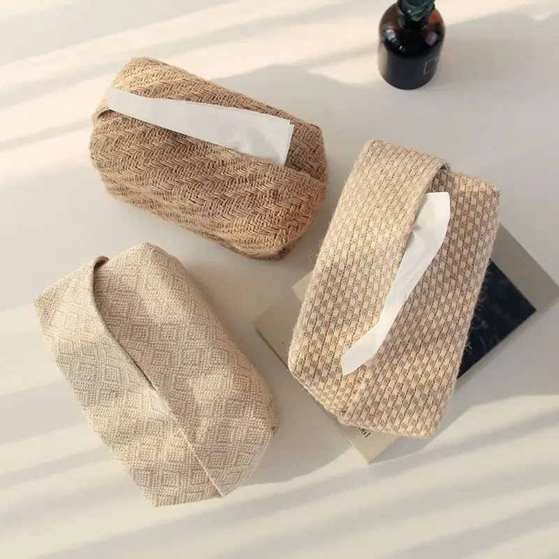 Color: Beige - Checkerboard Woven Tissue Box PU Leather Napkin Case Living Room Office Desktop Home Decoration Creative Paper Towel Cover