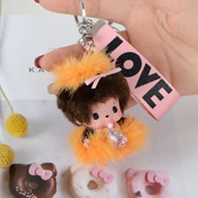 Color: Dark Red, Ships From: CHINA - New creative mink hair Monchi key chain figure car pendant plush toy cartoon doll webbing