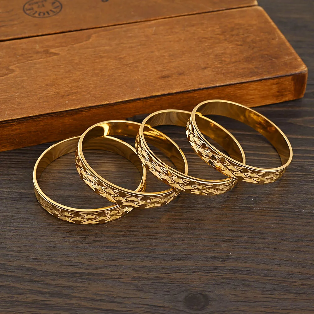Metal Color: Light Yellow Gold Color - 4Pcs 18k 8mm Width 45MM 55MM 65MM 70MM Dubai Baby Cute Bangles For Girl Jewelry Gold Color Bangles Girls Birthday Jewelry Gifts
