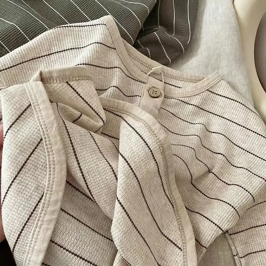 Color: Beige, Kid Size: 4T - Korean Children's Striped T-shirt 2024 Spring Boys and Girls' Long Sleeve T-shirt Bottom Shirt Baby Loose Top
