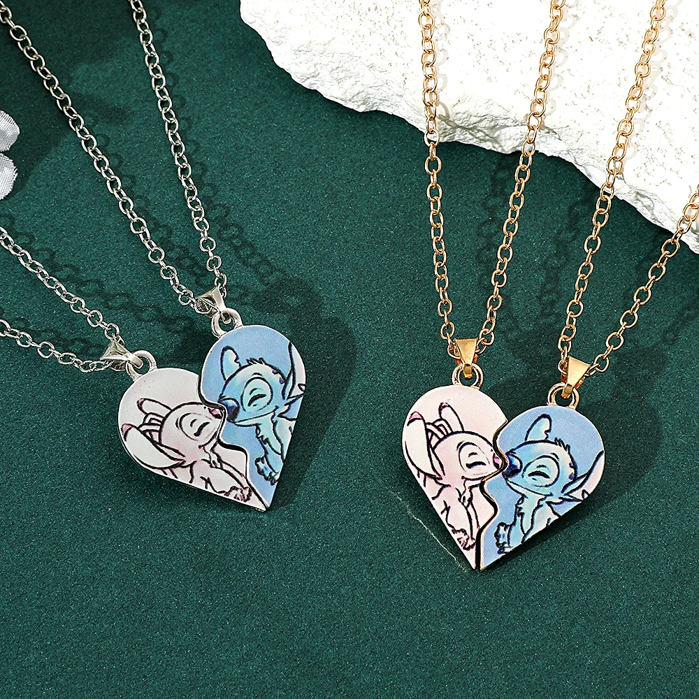 Metal Color: RED-BROWN - Disney-Stitch Heart Necklace for Couple, Gold and Silver Color, Angel and Stitch, Cute Style , Jewelry Pendant, Gift for Girl, 1