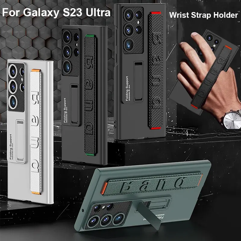 Color: Beige, Material: ABS - S24 Ultra Wrist Strap Holder Case For Samsung Galaxy S23 Ultra Carbon Fiber Shockproof Armor Camera Protector Kickstand Cover
