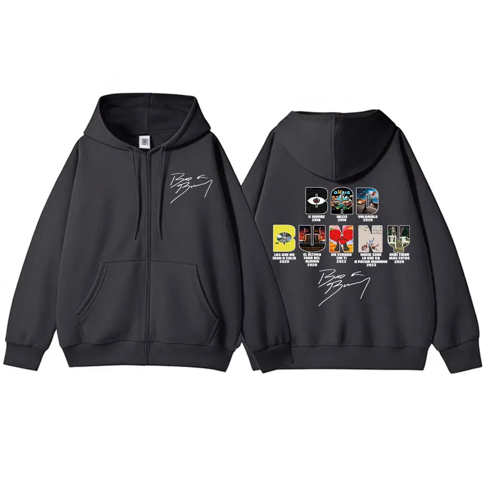 Color: Brown, Size: XXL - Rapper Bad Bunny Music Album Cover Print Zipper Hoodies Men Women Clothing Hip Hop Zip Up Sweatshirts Long Sleeve Hoodie Jackets