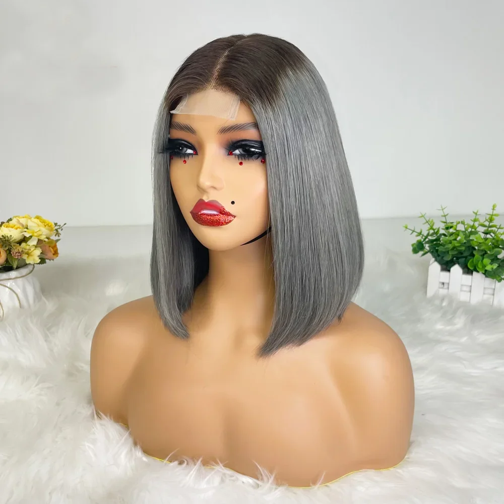 Hair Color: #16, Stretched Length: 10inches, Density: 100% - 250% Density Grey 2x6 Lace Closure Wigs Straight Bob Glueless Wig Gray Vietnamese Human Hair Super Double Drawn Wigs Pre Plucked