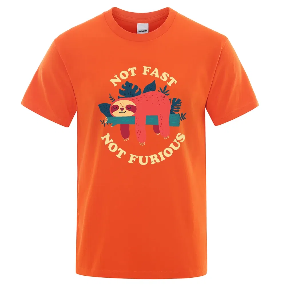 Color: Orange, Size: XXXL - Not Fast Not Furious Sloth Cute Print Men Tee Shirts Breathable Cotton Tops Street Fashion T-shirt Women Casual Summer T Shirts