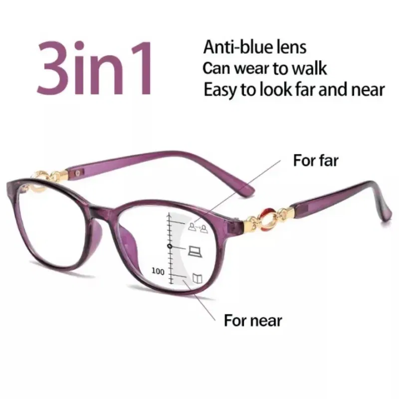 Frame Color: Pinkish Grey, Eye Prescription: +150 - FG New 3 in 1 Progressive Multifocal Reading Glasses Women Anti-blue Eyeglasses Easy To Look Far and Near +1.0 To +4.0