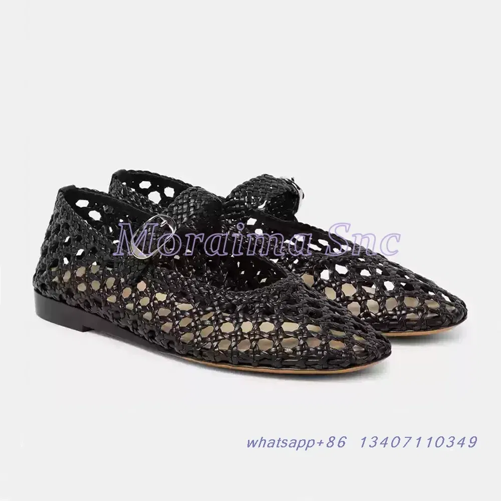 Color: Brown, Shoe Size: 43 - Hollow Woven Leather Ballet Shoes Flat With Round Toe Ankle Buckle Strap Fashion Shallow Women Shoes Mary Janes Summer New 2025