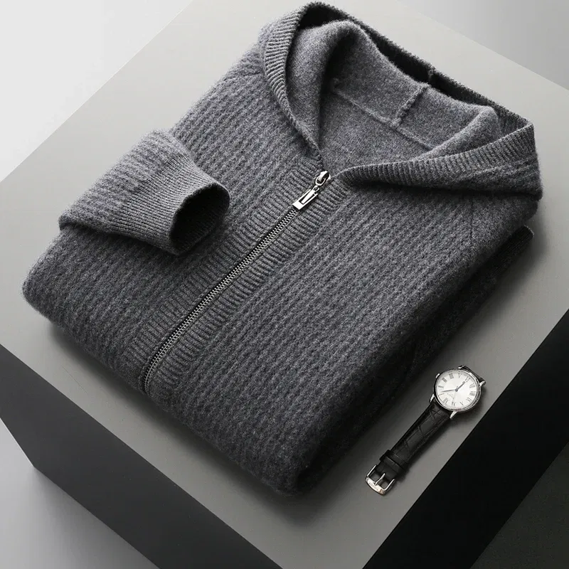 Color: SKY BLUE, Size: S, Ships From: CHINA - New Product 100% Merino Wool Knitted Cardigan For Men Hooded Sweater Casual High-end Jacket Men's long Sleeved Wool Sweater Coat