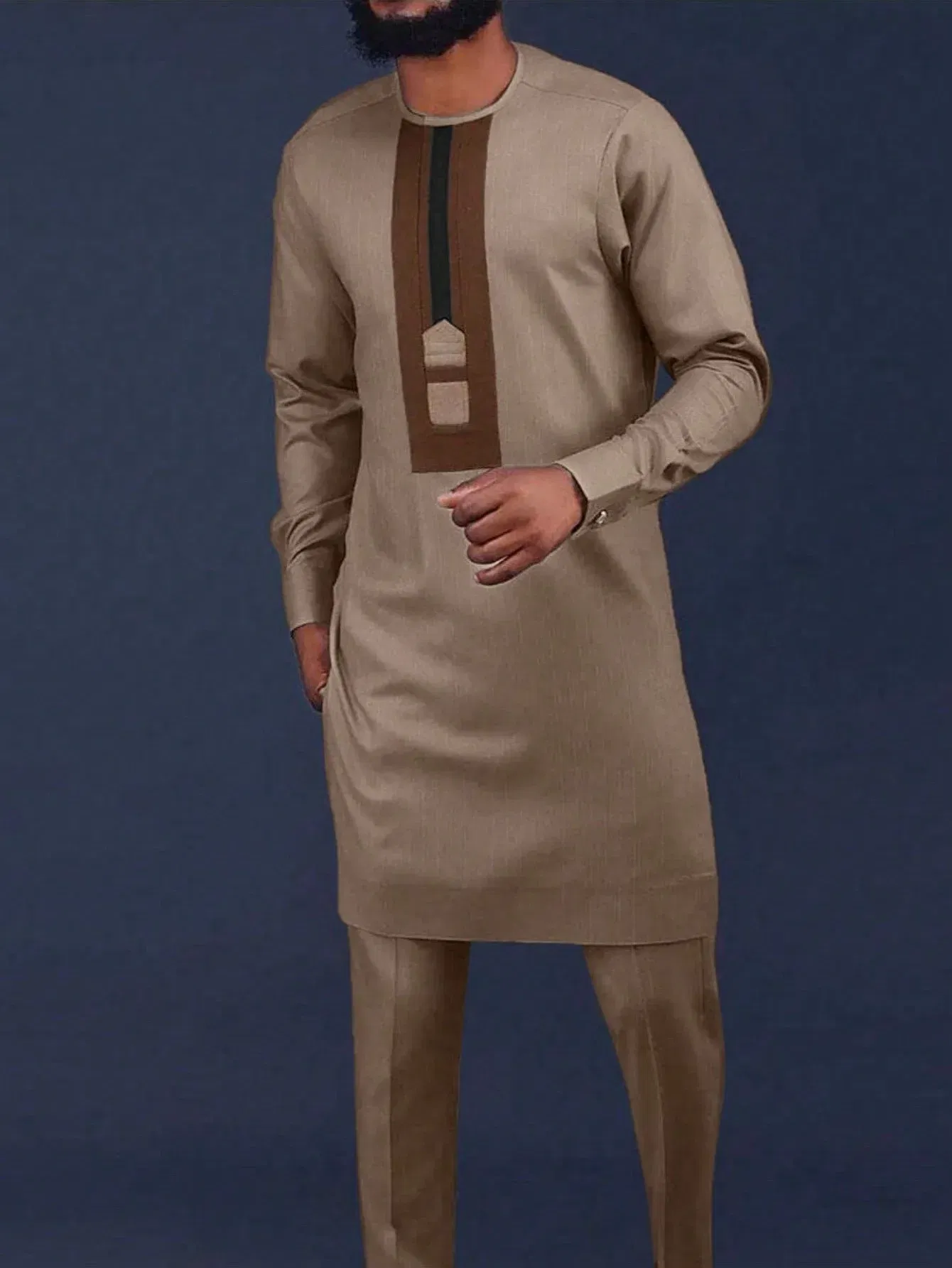 Men's Tenos Wedding 2-Piece Suit Waist Pants Shirt Solid Color Panel Long Sleeve Party African Ethnic Style Clothing (M-4XL)