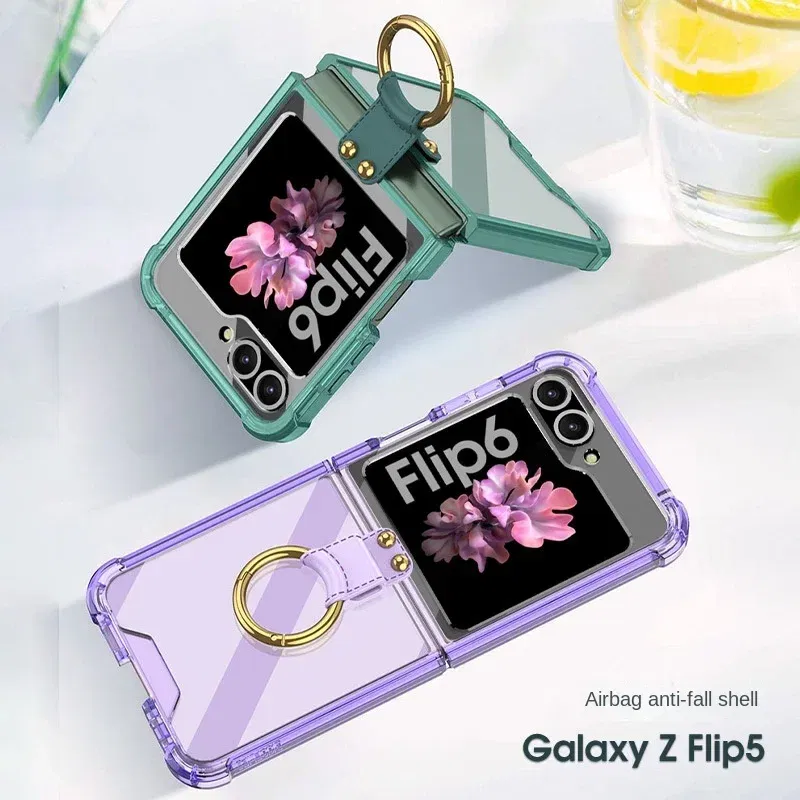 Color: Blue, Material: ABS - Electroplated Transparent Airbag Ring Phone Case for Samsung Galaxy Z Flip 6 5 Flip6 Flip5 5G Stand Shockproof Cover