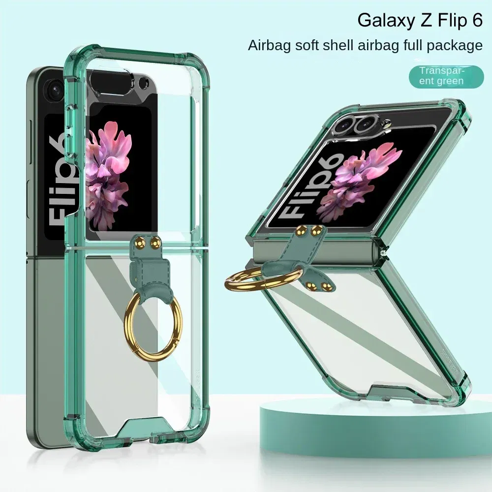 Color: Blue, Material: ABS - Electroplated Transparent Airbag Ring Phone Case for Samsung Galaxy Z Flip 6 5 Flip6 Flip5 5G Stand Shockproof Cover