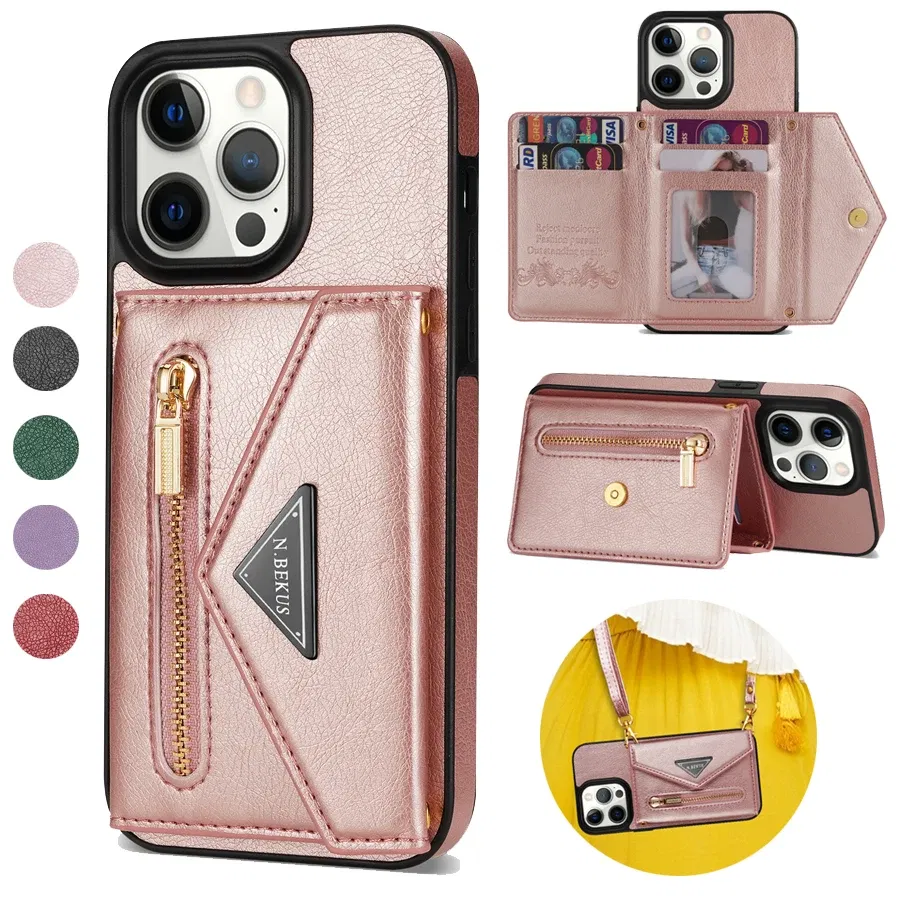 Color: Brown, Material: ABS - Wallet Side Card Zipper Flip Crossbody Leather Case For iPhone 15 14 Pro Max 13 Mini 12 11 SE 2022 2020 X XS XR 8 7 6 6s Plus