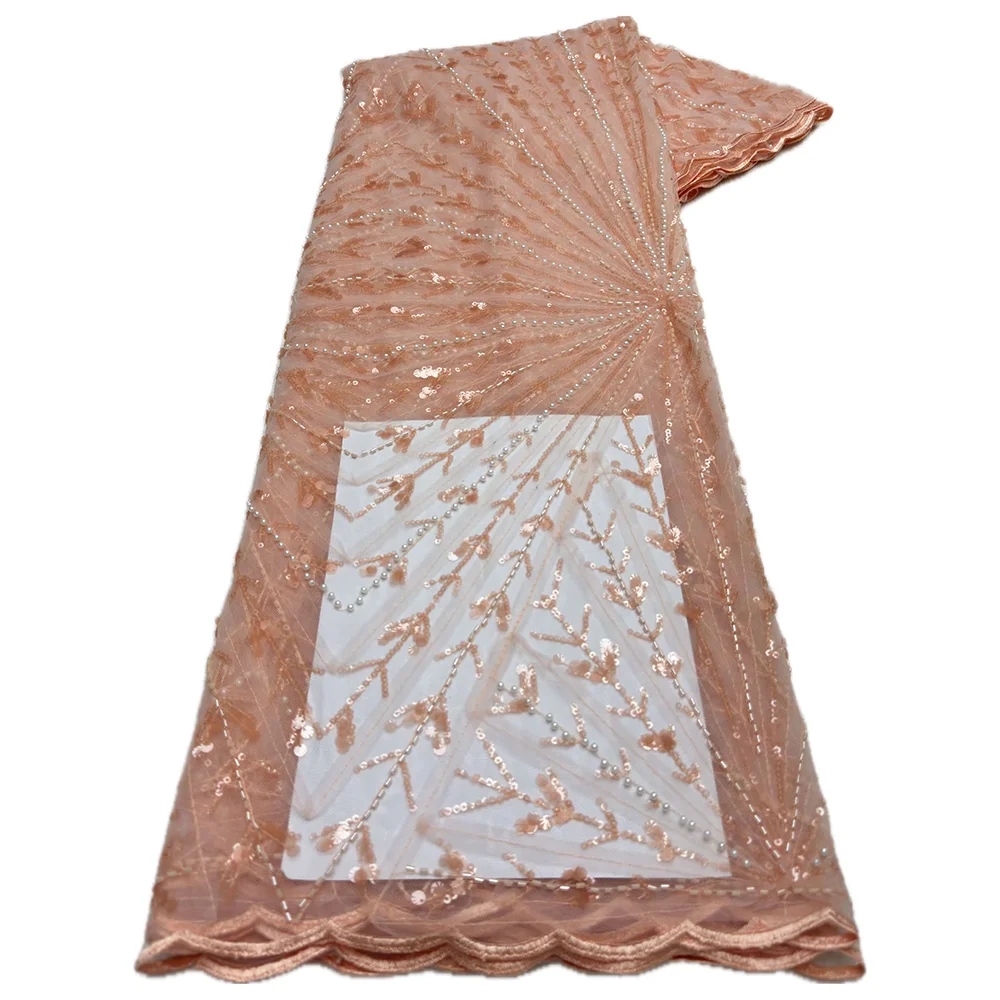 Color: green, length: 5 yards, Width: 120cm - Wholesale African Sequins Beads Lace Fabric 2024 High Quality Lace Material French Nigerian Lace Fabrics For Women Party