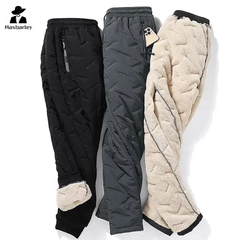Size: XXXL, Color: black - Winter Down Cotton Pants Men's Casual Waterproof Zipper Pocket Thickened Wool Warm Pants Jogger Outdoor Cold-proof Ski Pants 7XL