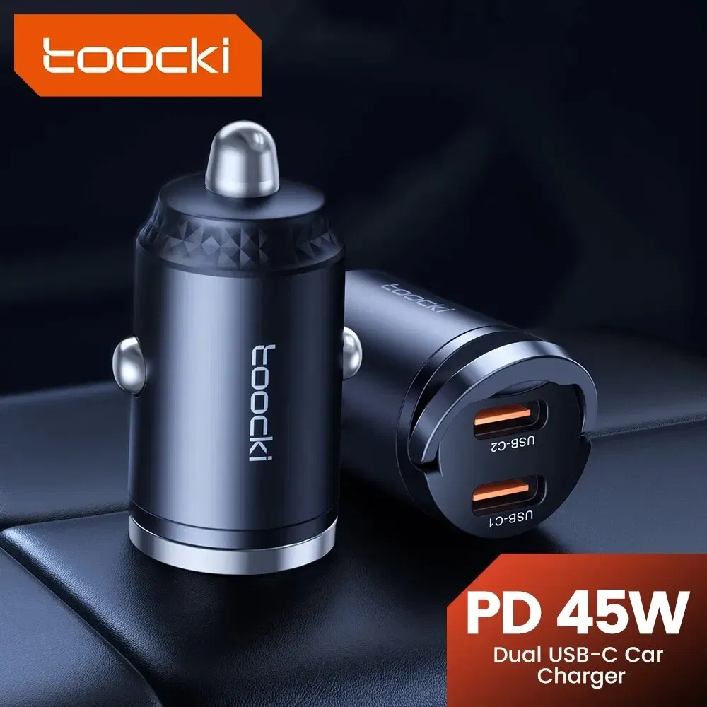 Color Name: GRAY - Toocki Mini PD 45W Car Charger Pull Ring Fast Charging USB C Phone Charger Adapter For iPhone 14 13 Pro Xiaomi Samsung Huawei