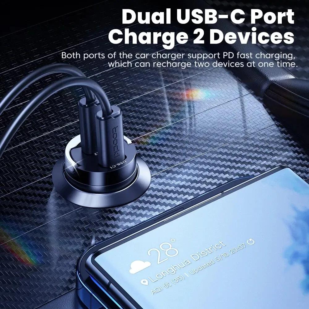 Color Name: GRAY - Toocki Mini PD 45W Car Charger Pull Ring Fast Charging USB C Phone Charger Adapter For iPhone 14 13 Pro Xiaomi Samsung Huawei