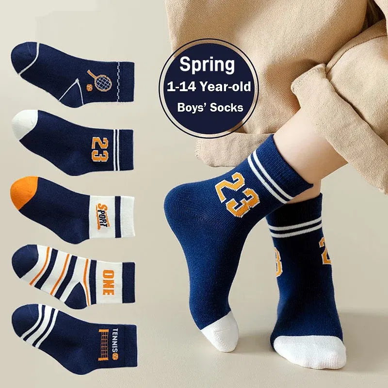 Color: Beige, Size: 10-12T - Autumn Children's Socks Little Big Boys Cotton Socks Baby Cartoon Pattern Medium Sock 5 Pairs/bag