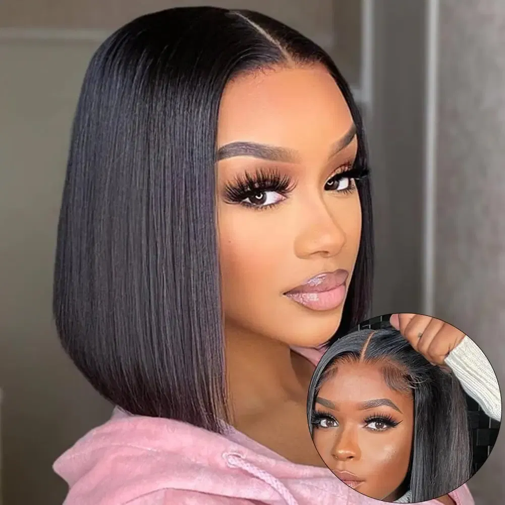 Hair Color: #1, Ships From: United States, Stretched Length: 16inches, Density: 180% - Wear And Go Glueless Bob Wig Human Hair 7x5 HD Lace Closure Human Hair Pre Plucked  No Glue Pre Cut Ready To Wear Frontal Wig
