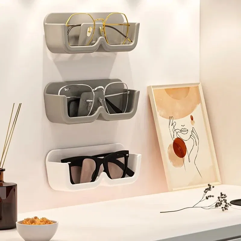 Color: Pink - Glasses Display Cabinet Sunglasses Storage Box Wall Mounted Perforated Free Sunglasses Storage Glasses Rack Home Tidying