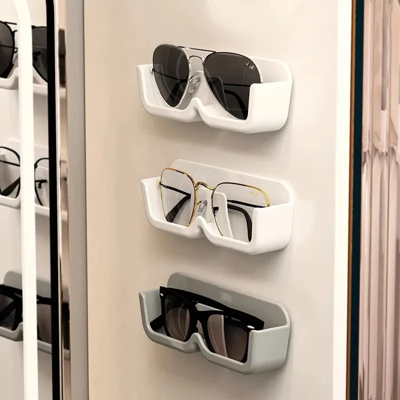 Color: Pink - Glasses Display Cabinet Sunglasses Storage Box Wall Mounted Perforated Free Sunglasses Storage Glasses Rack Home Tidying
