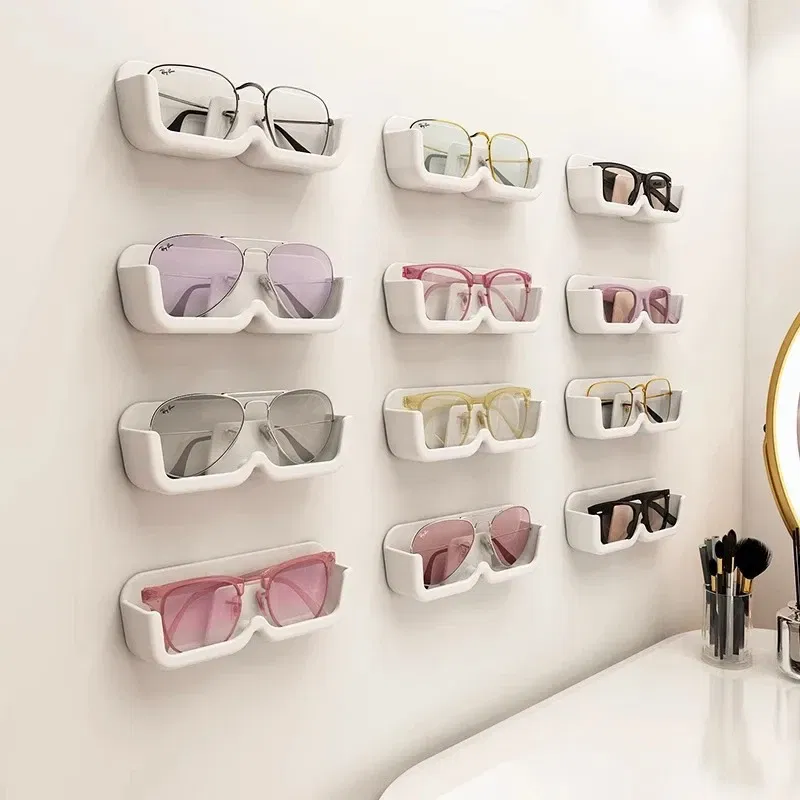 Color: Pink - Glasses Display Cabinet Sunglasses Storage Box Wall Mounted Perforated Free Sunglasses Storage Glasses Rack Home Tidying