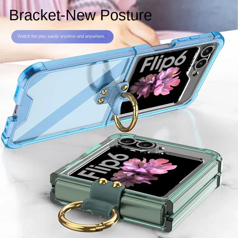 Color: Blue, Material: aluminum - Electroplated Transparent Airbag Ring Phone Case for Samsung Galaxy Z Flip 6 5 Flip6 Flip5 5G Stand Shockproof Cover