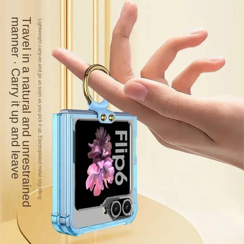 Color: Blue, Material: aluminum - Electroplated Transparent Airbag Ring Phone Case for Samsung Galaxy Z Flip 6 5 Flip6 Flip5 5G Stand Shockproof Cover