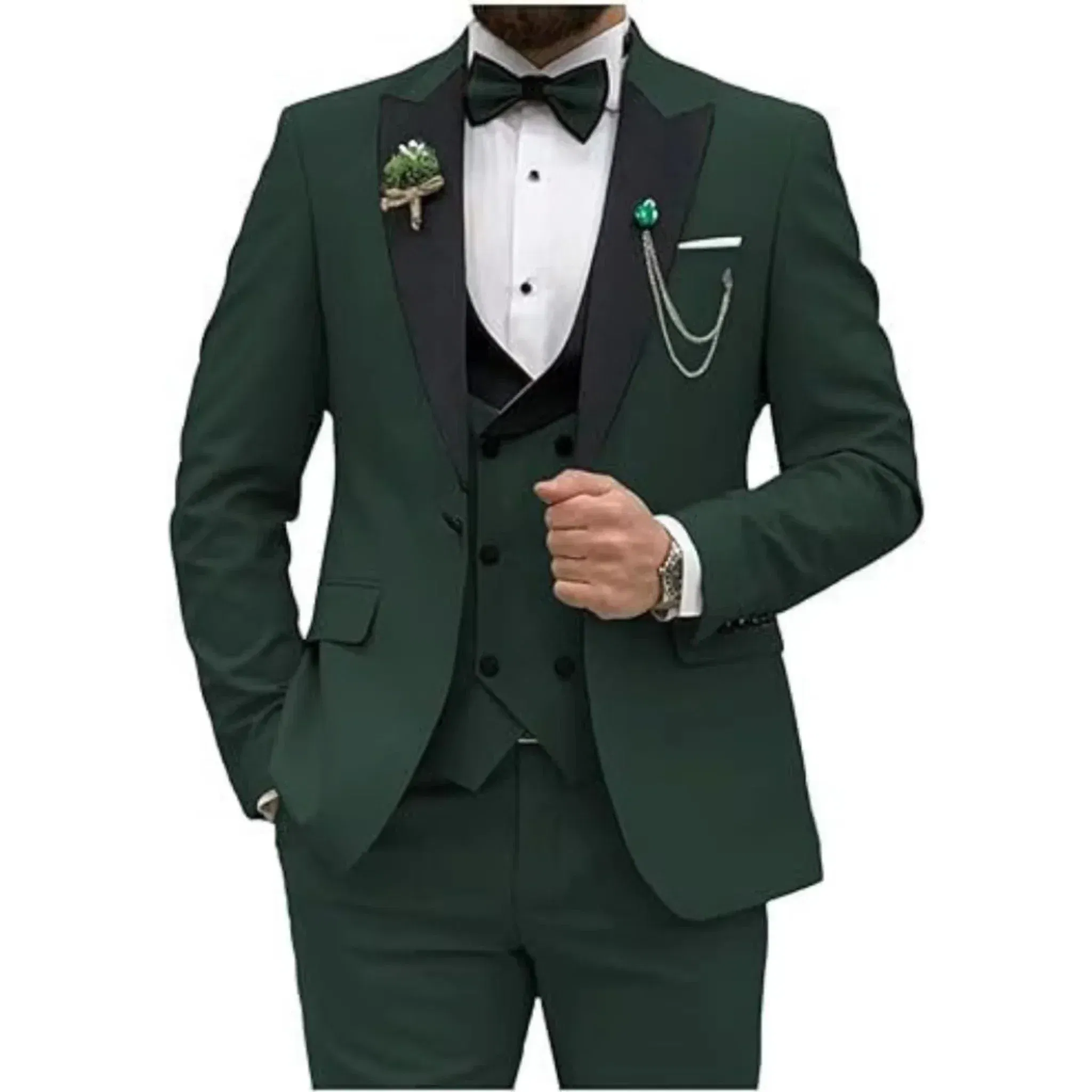 Color: army green, Size: L - Men Suit Colorful Luxury Blazer Vest And Pant Sets 3 Piece Birthday Dress Business Prom Evening Party Costumes High Quality