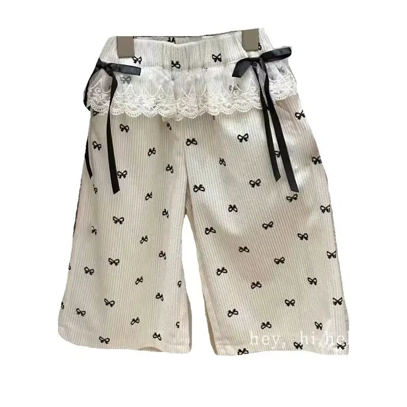 Color: Beige, Kid Size: 6T - New Girls Bow Print Pants Spring Kids Wide-leg Trousers Fashion Elastic Loose Pants Autumn Children Bowknot Trousers 2-8 Years