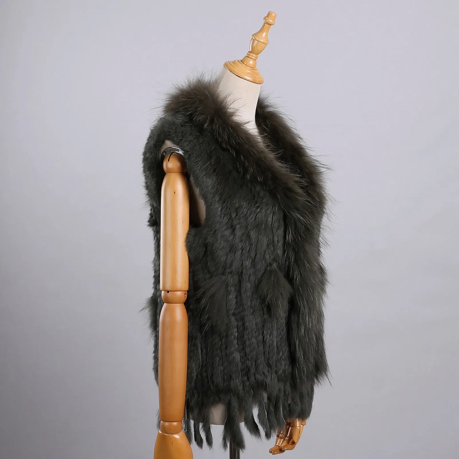 Color: army green, Size: XXL - Luxury Women's Genuine Premium Long Hair Rabbit Fur Knit Vest Raccoon Fur Trim Gilet Lady Sleeveless Waistcoat Real Fur Jacket