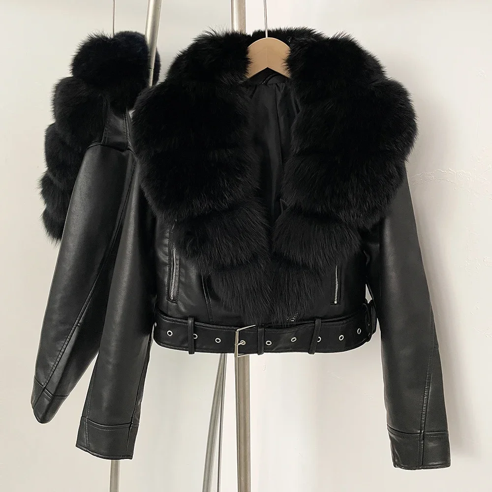 Color: Brown, Size: M - Fake Leather Coat New Natural Fox Fur Autumn Short Faux Leather Jacket Female Spring PU Women Long Sleeve Real Fur Coat Thin