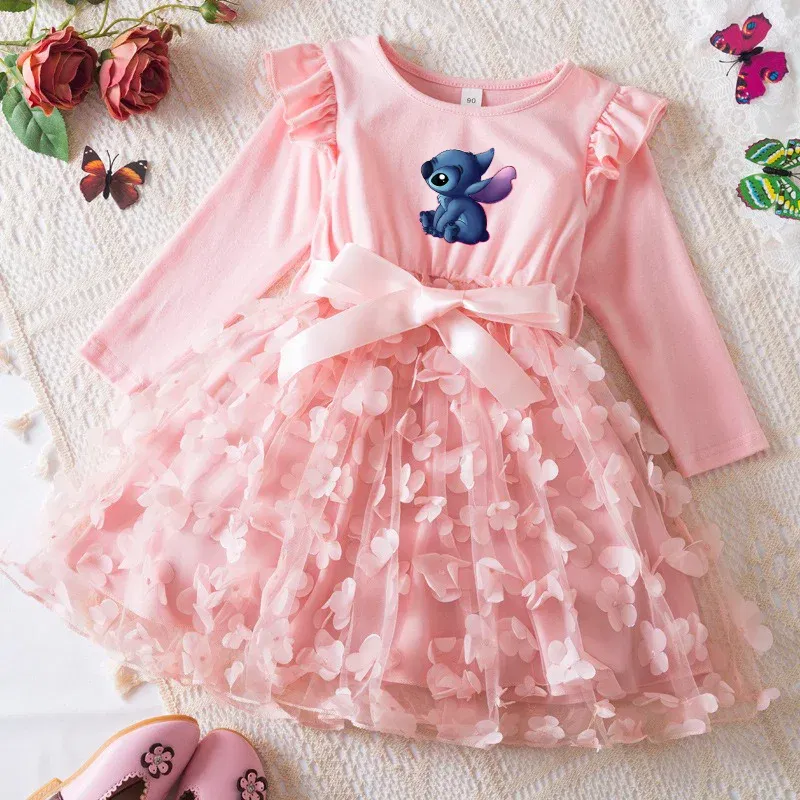 Color: green, Size: One Size, Height: 176 - Lilo Stitch Girl Baby Dresses Spring Autumn Child Long Sleeve Sweet Princess Dress Mesh Newborn Casual Dress Birthday Party 2-6Y