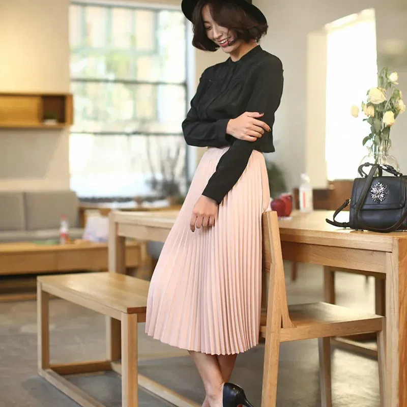 Color: Pink, Size: One Size - Spring and Autumn New Fashion Women's High Waist Pleated Solid Color Half Length Elastic Skirt Promotions Lady Black Pink