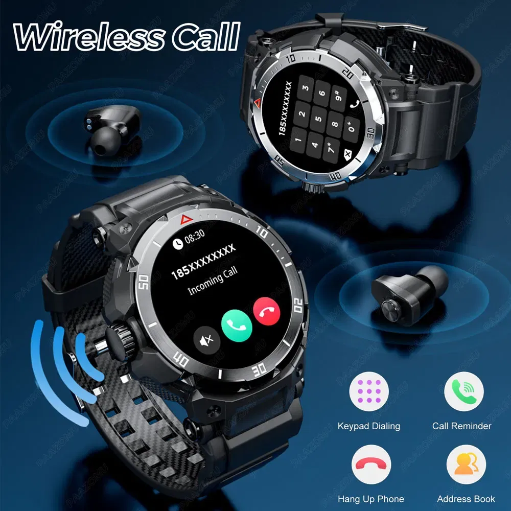Color: Black - New 3 in 1 Smart Watch for Men With TWS Headset Rugged Military Bluetooth Call Fitness Tracker IP67 Waterproof  for Android iOS