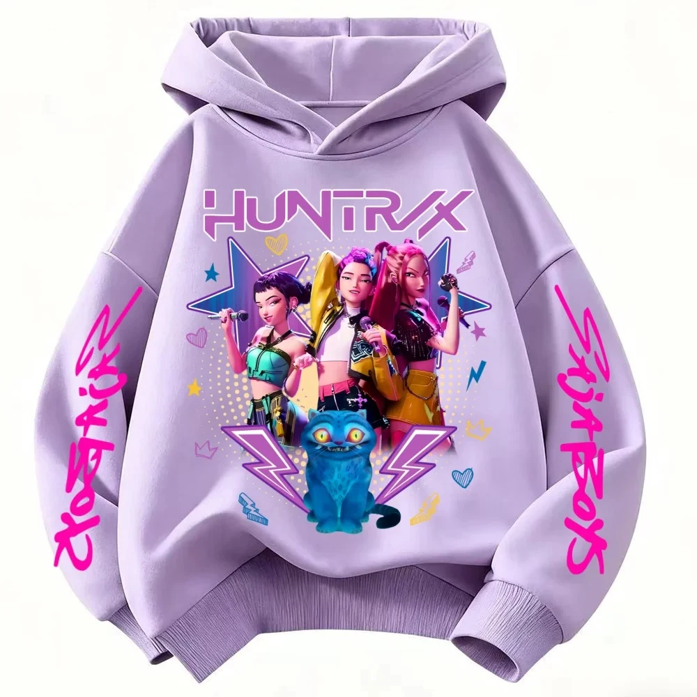 Color: Dark Grey, Kid Size: 4 - Cartoon Hoodie for Boys and Girls KPop Demon Hunter Rumi Derpy Warm and Thick, Fashionable Casual Top, Printed Purple Sweatshirt