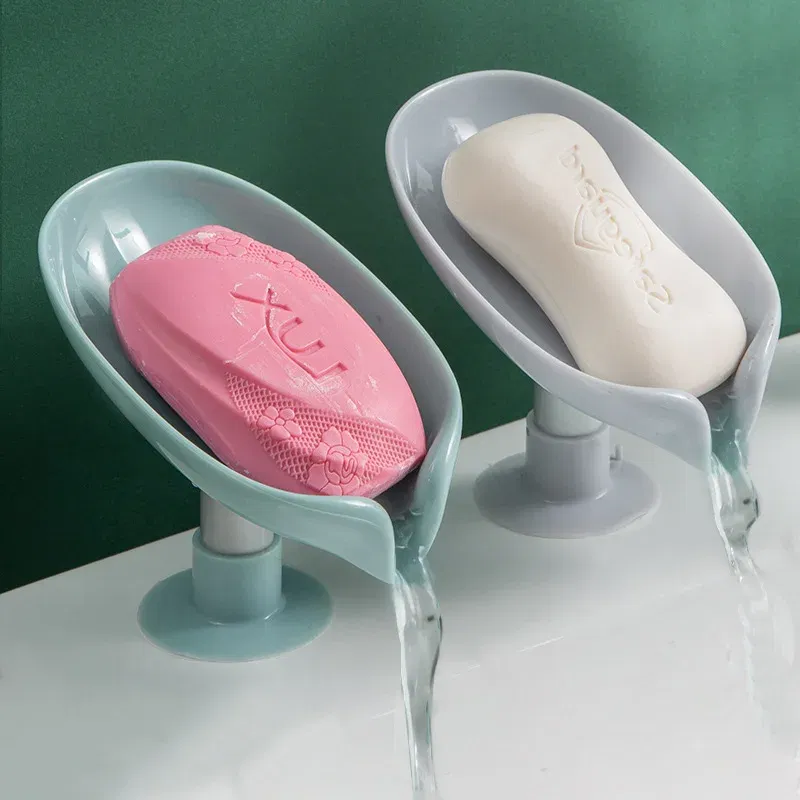 Color: Sky blue - 1-2Pcs Drain Soap Holder Bathroom Items Leaf Shape Wall Soap Dish for Bathroom Punch-free Suction Cup Standing Things the Home