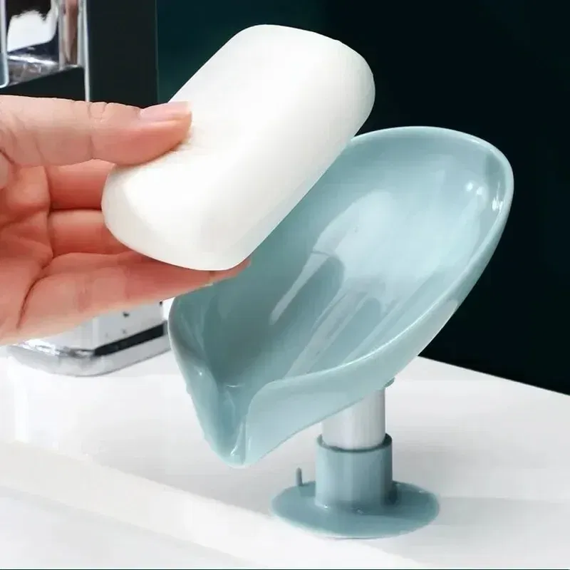 Color: Sky blue - 1-2Pcs Drain Soap Holder Bathroom Items Leaf Shape Wall Soap Dish for Bathroom Punch-free Suction Cup Standing Things the Home
