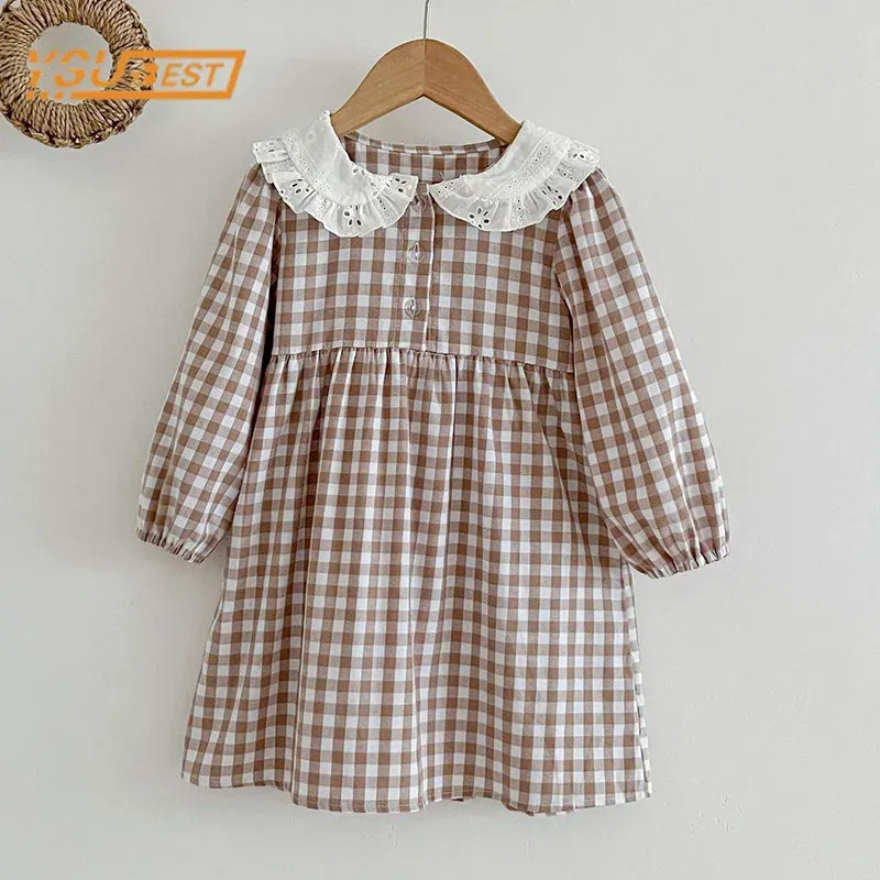 Color: Red, Kid Size: 5 - Spring Autumn Kids Baby Girls Long Sleeve Sweet Doll Collar Plaid Princess Dress Kids Baby Girls Dress Children Clothes Dress