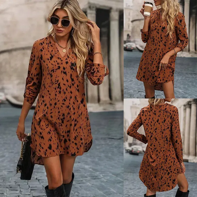Color: Light Brown, Size: M, Ships From: CHINA - Spring Summer New Women Dress Casual Sexy V-Neck Long Sleeve Leopard Print Mini Dress Loose A-Line Shirt Dress Elegant Feminino