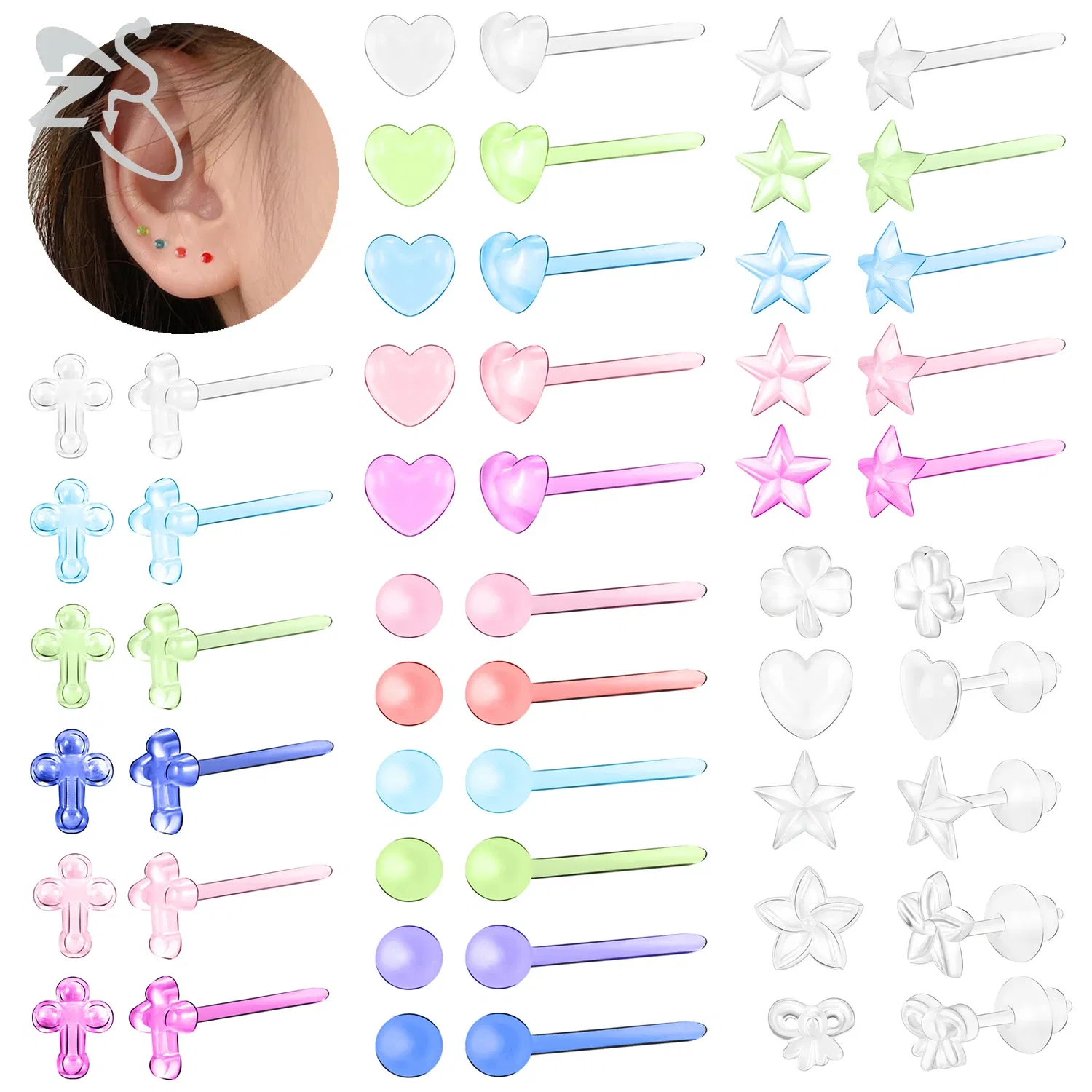 Metal Color: Antique Silver Plated - ZS 10-50pcs/lot Colorful Acrylic Stud Earring Invisible Transparent  Anti-allergy Ear Pin 20G Star Ball Curing Ear Hole Retainer