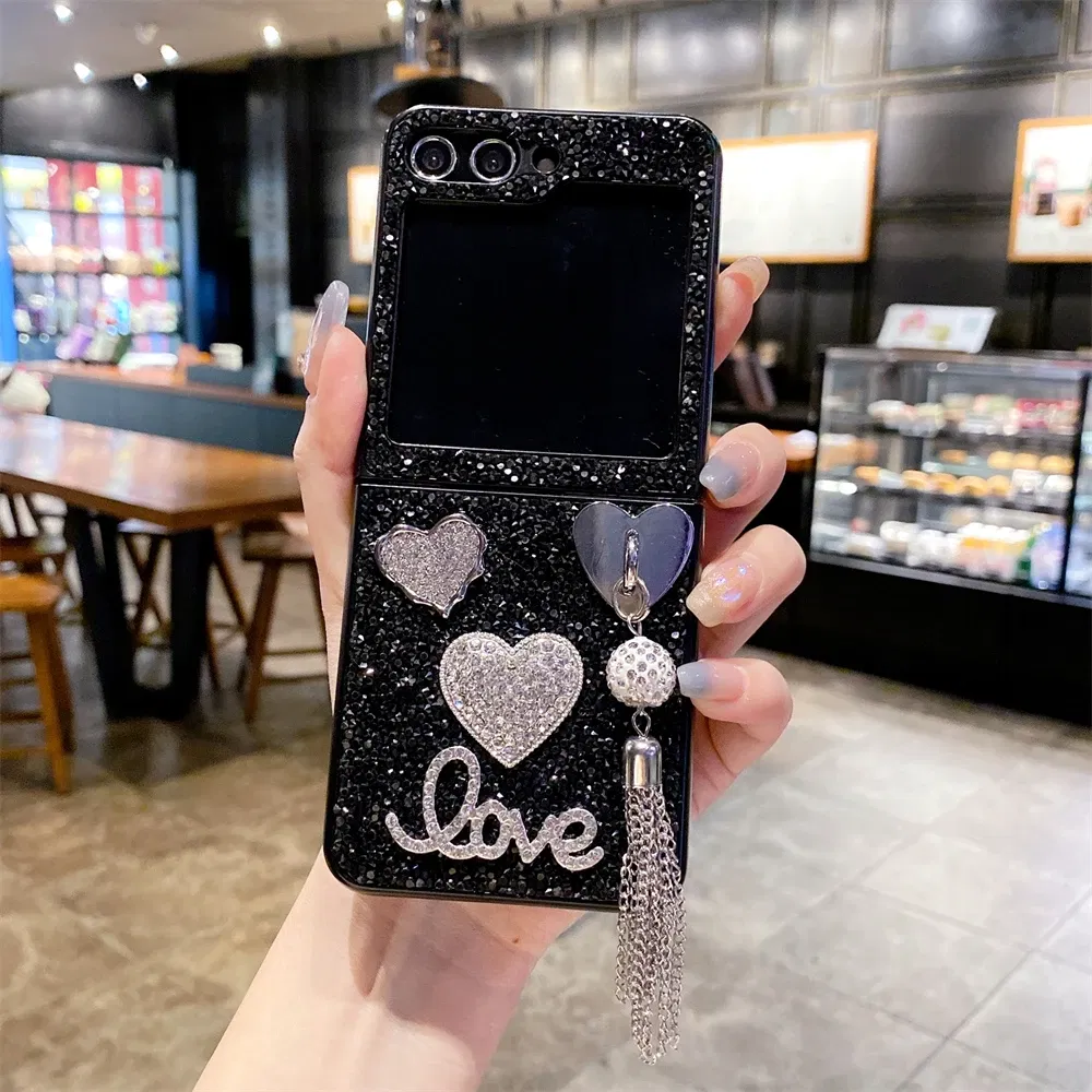 Color: Black, Material: Canvas - Luxury Heart Diamond Tassel Phone Case for Samsung Galaxy Z Flip5 Case Z Flip4 Cover Z Flip3 Capa Z Flip 5 4 3 Cover 5G