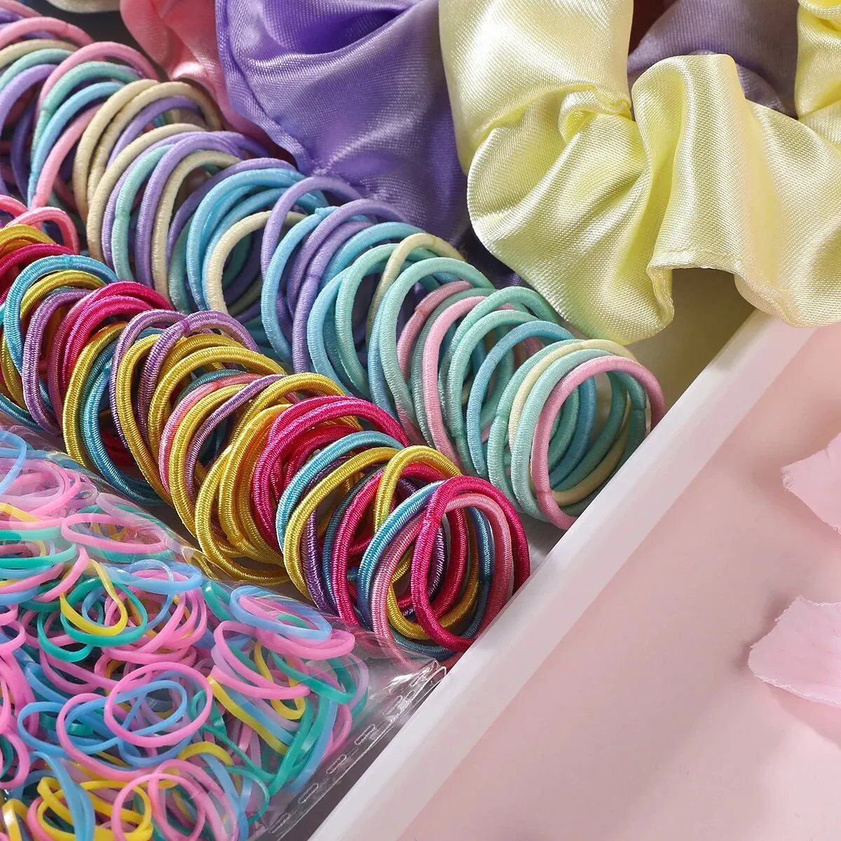 Color: Red - 2155Pcs Girls Colorful Hair Bands Set Nylon Elastic Rubber Band Satin Scrunchies Children Ponytail Holder Kids Hair Accessories