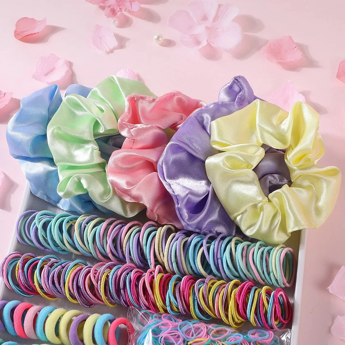 Color: Red - 2155Pcs Girls Colorful Hair Bands Set Nylon Elastic Rubber Band Satin Scrunchies Children Ponytail Holder Kids Hair Accessories