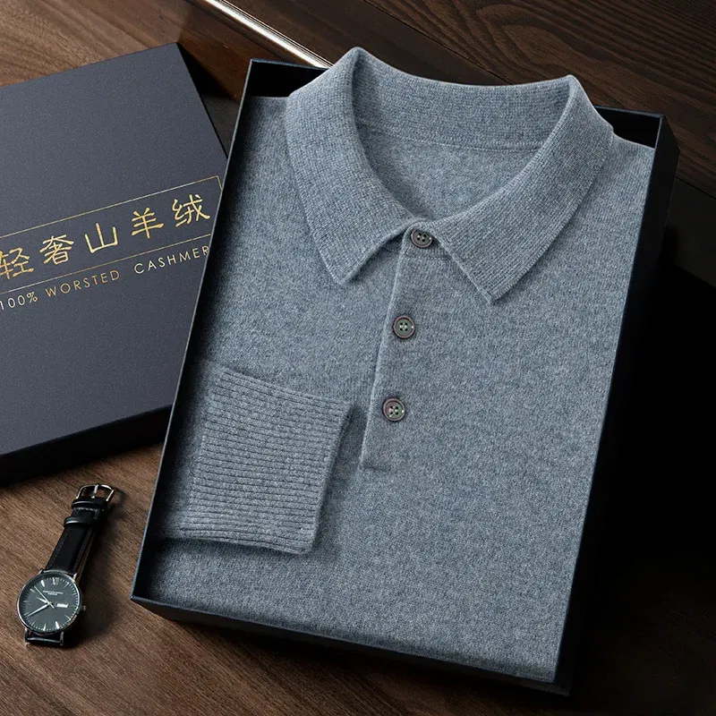 Color: SKY BLUE, Size: XL - High Quality Men's 100% Cashmere POLO Collar Pullover Soft Elastic Autumn Winter Business Casual Solid Color Knitted Sweater