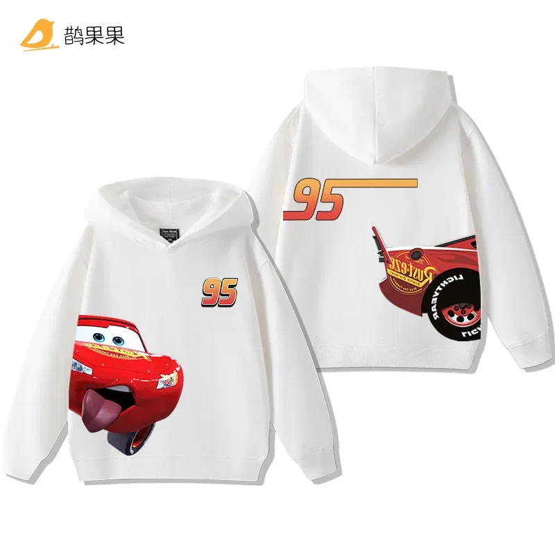 Color: Beige, Kid Size: 110 - Cars Lightning McQueen Fun Printed Kids Boys Girls Hooded Sweatshirt Fall and Winter Casual Fashion Warm Student Hoodie
