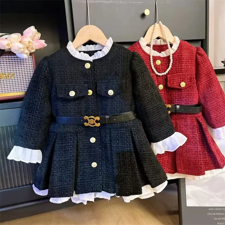Color: Red, Kid Size: 3T - 2025 Fall Winter Girls' Fleece-Lined Dress Plush Cotton Padded Party Dress Chic Tweed A-Line Outfit Warm Elegant Toddler Gown