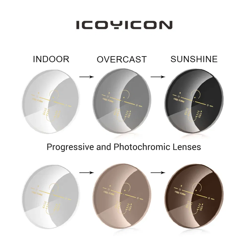 Lenses Color: WHITE, Lens Index: 1.61 - Photochromic Free Form Progressive Optical Multifocal Prescription Lenses Fast and Deep Color Change Performance