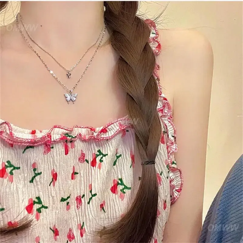 Metal Color: RED-BROWN, Ships From: CHINA - Necklace Unique Design Exquisite Sparkling Pendant Necklace Flash Double Layer Butterfly Pendant Joker Necklace