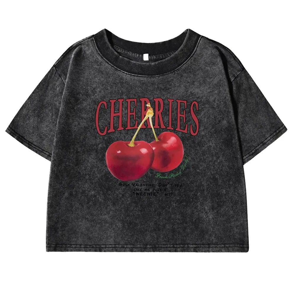 Color: GRAY, Size: M - Red Cherries Letter Printed Female T-shirt Fashion Summer Washed Clothing Casual Cotton Crop Top Retro Tee Shirts For Women